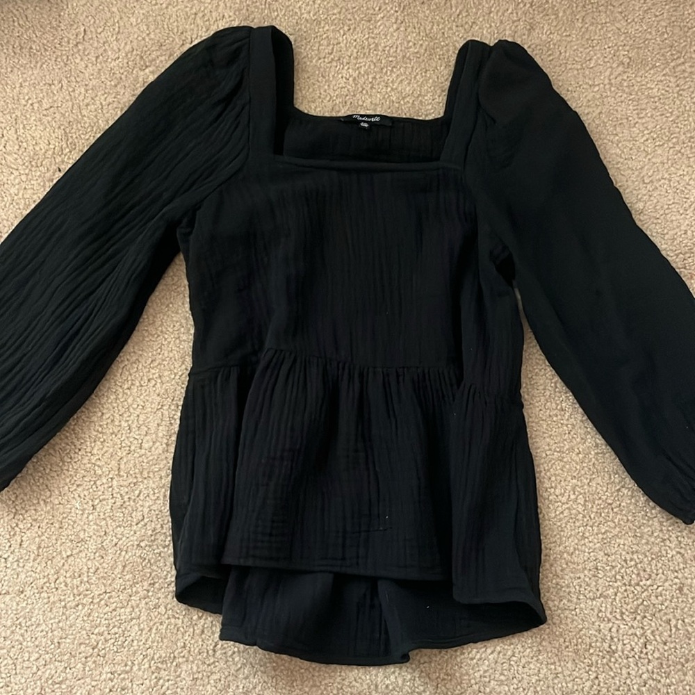 Madewell Long Sleeve Square Neck Black Flowy Blouse Top